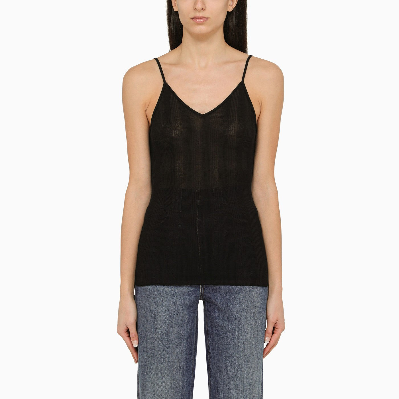 Khaite Black Cotton Ribbed Top