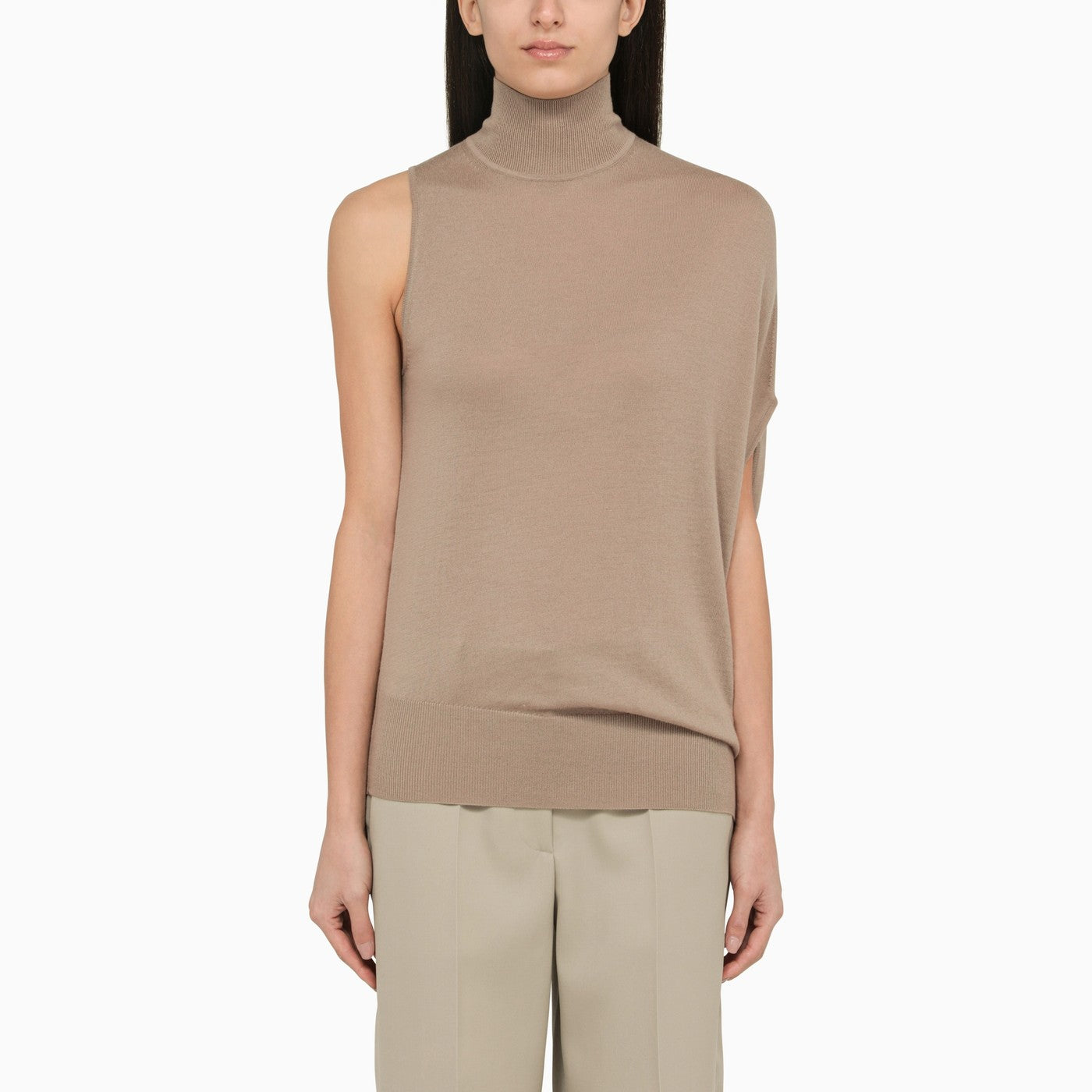 Calvin Klein Taupe One Shoulder Turtleneck In Wool