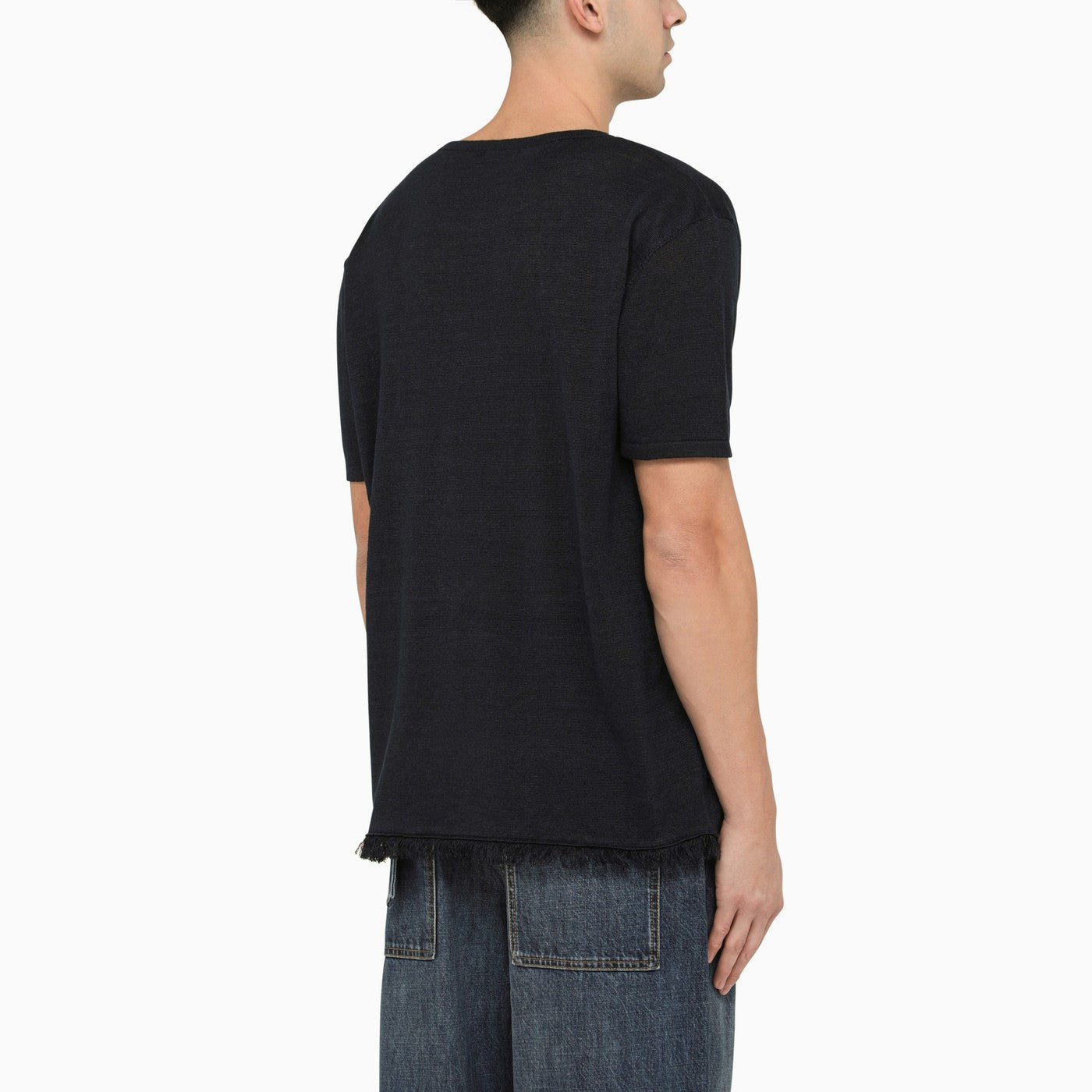 Alanui Dark Blue Linen Crew Neck T Shirt With Details